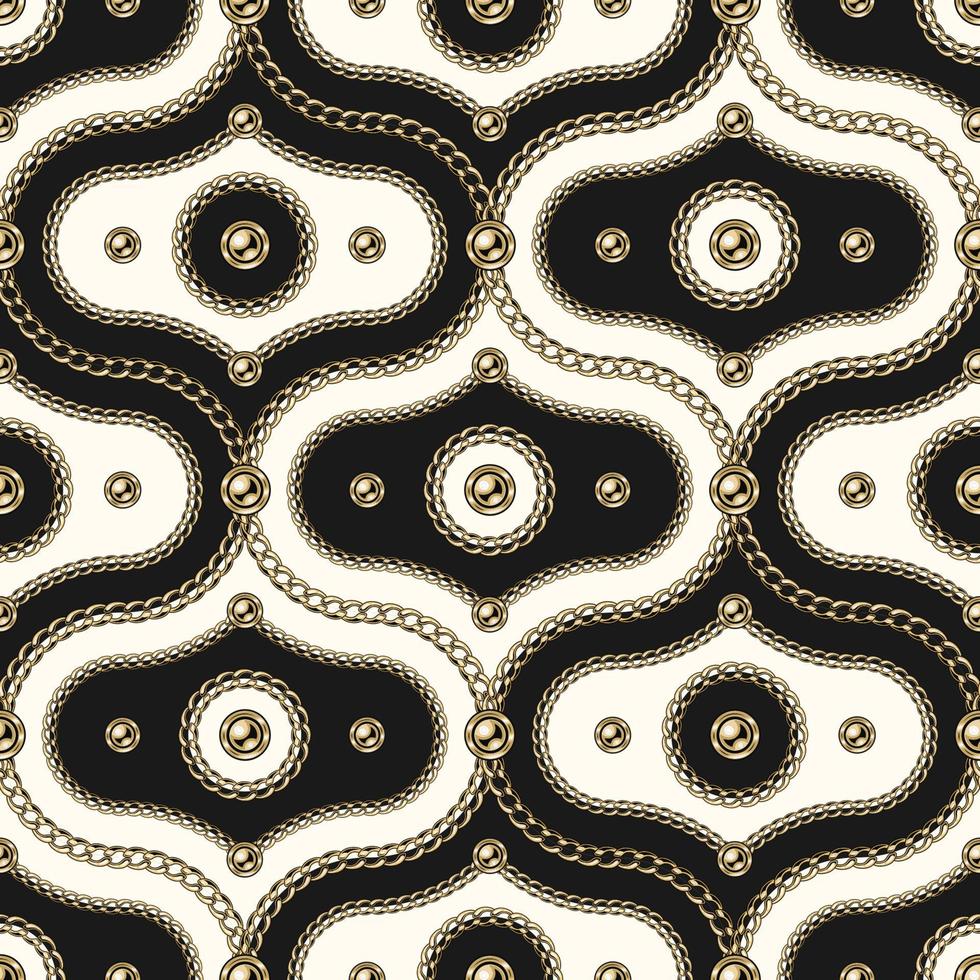 Seamless vintage damask pattern with gold chains, beads, circles. Diagonal composition. Classic background. Vector illustration