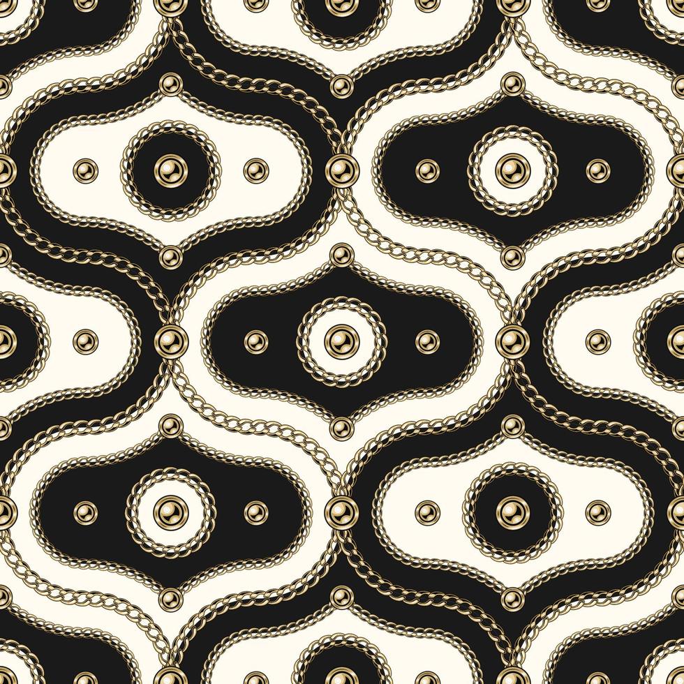 Seamless vintage damask pattern with gold chains, beads, circles. Diagonal composition. Classic background. Vector illustration