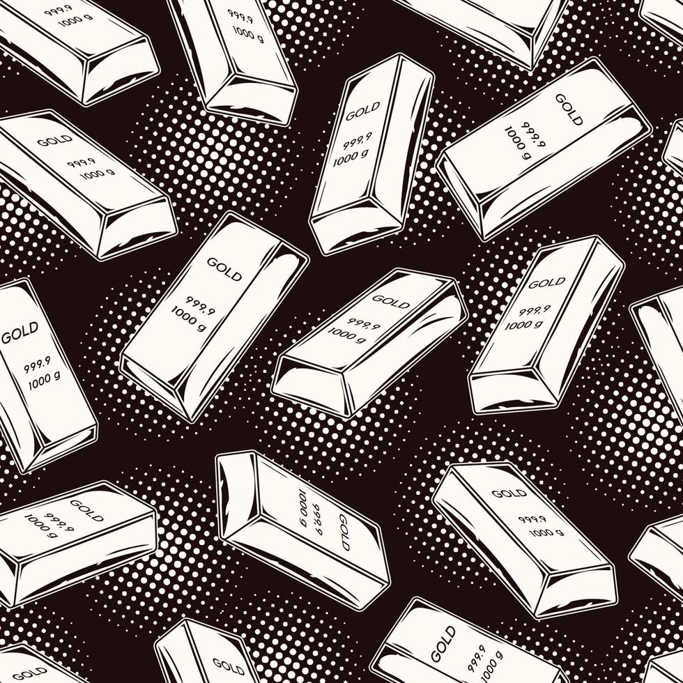 Pattern with volumetric pure gold bars and dotted halftone round shapes. Vintage vector black and white illustration