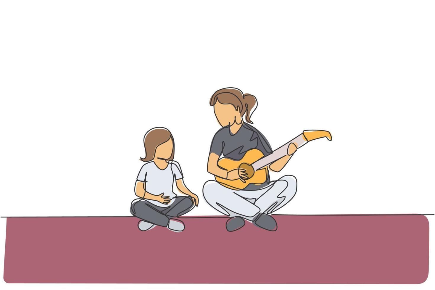 One single line drawing of young mom playing guitar and happy singing together with her son at home vector graphic illustration. Happy family bonding concept. Modern continuous line draw design