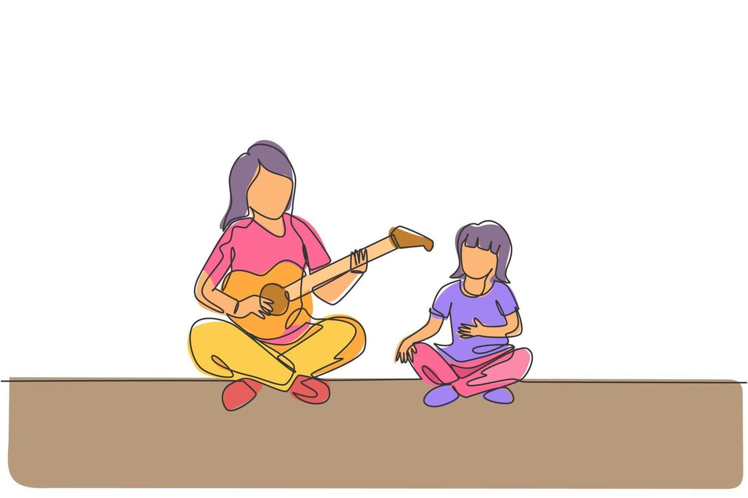 Single continuous line drawing of young mother playing guitar and happy singing together with her daughter at home. Happy family parenthood concept. Trendy one line draw design vector illustration