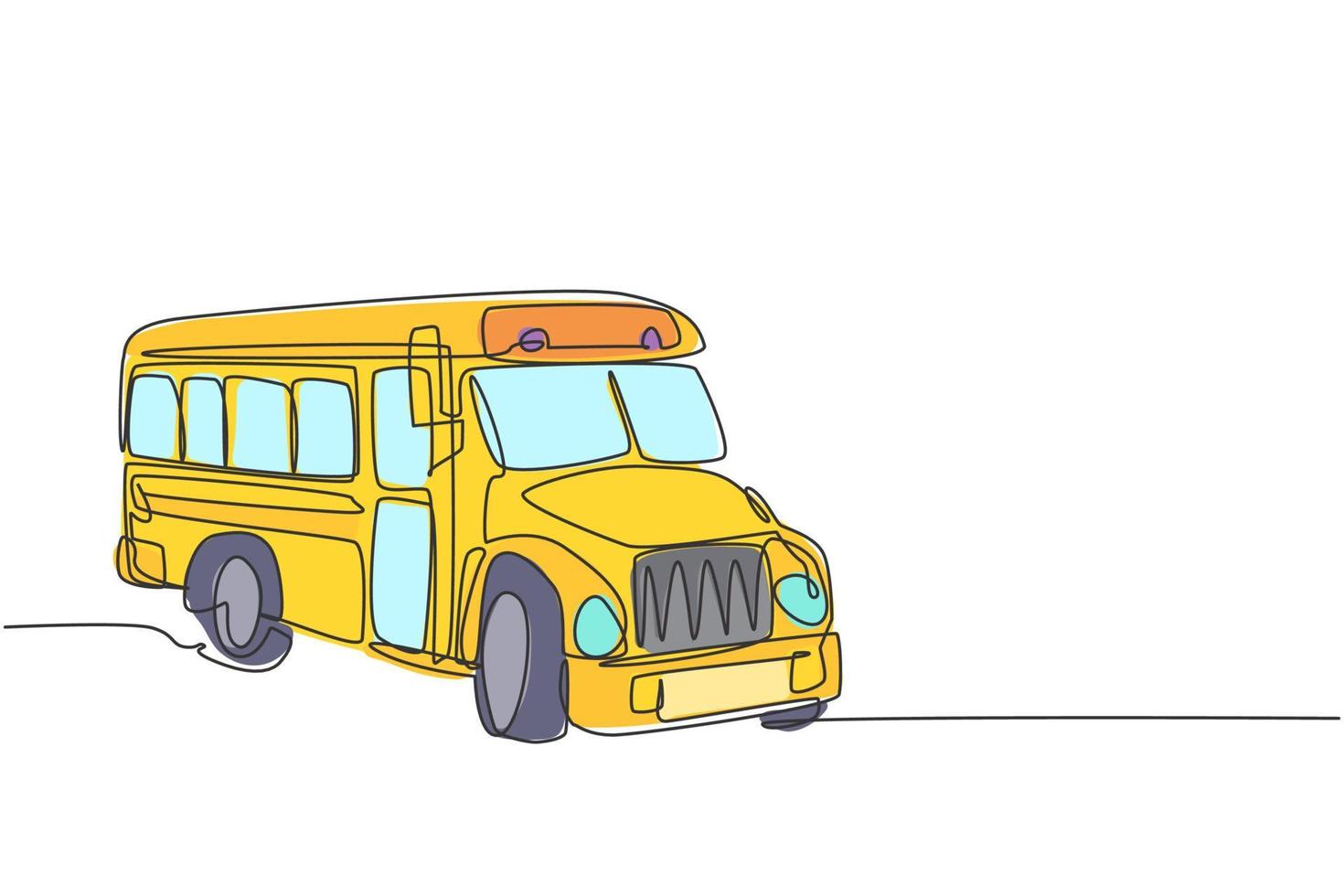 Continuous one line drawing old classic school bus transportation for American students. Back to school hand drawn minimalism concept. Single line draw design for education vector graphic illustration