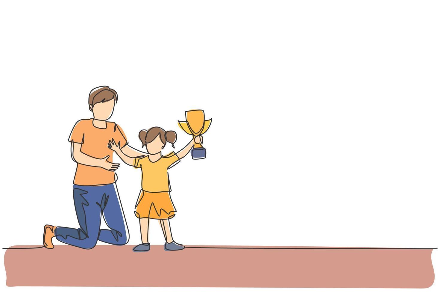 un dibujo de una sola línea de un padre joven felicita a su hija que gana el trofeo del primer lugar en la ilustración de vector de competencia de estudio. concepto de vinculación familiar feliz. diseño moderno de dibujo de línea continua