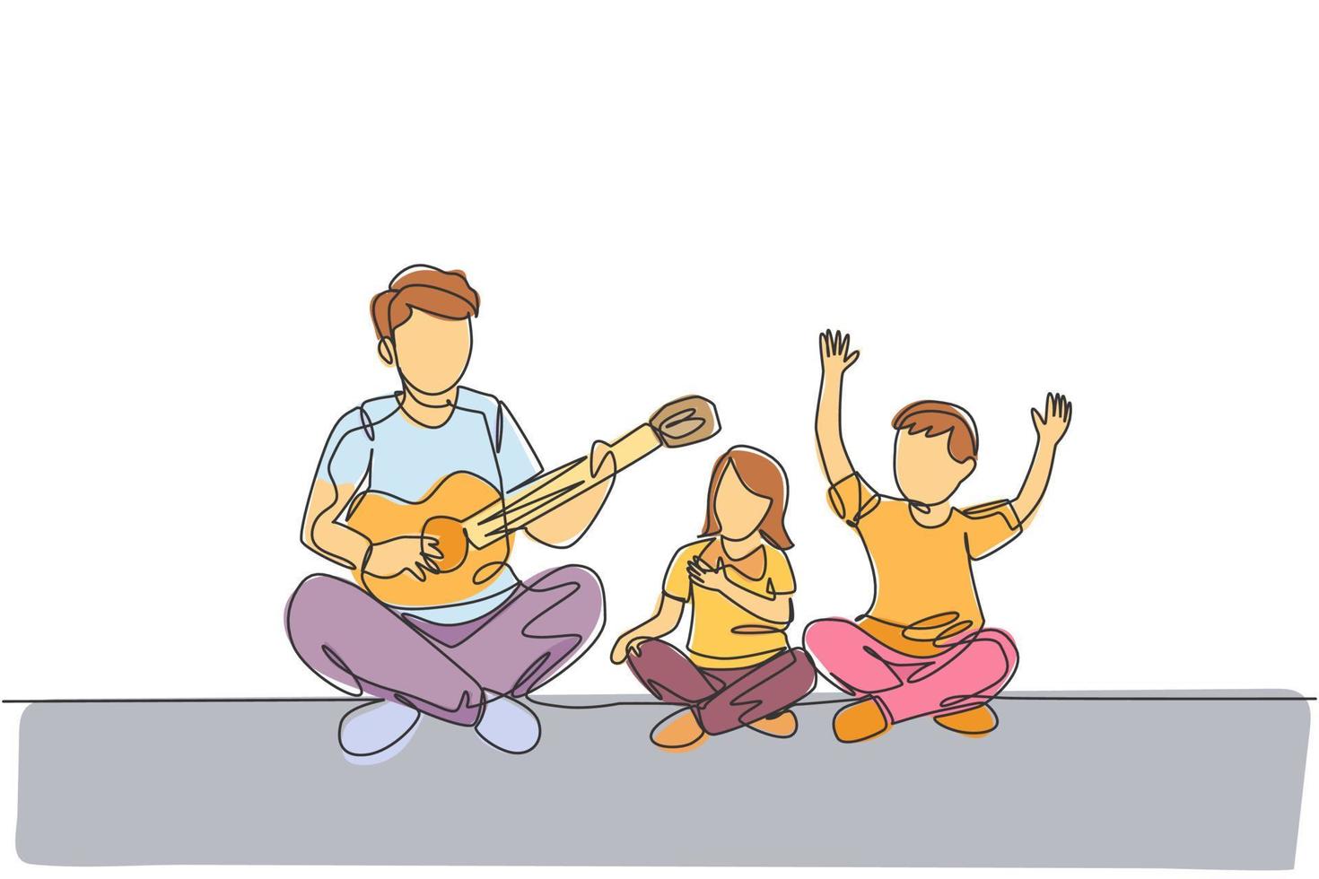 un dibujo de línea continua de un joven padre alegre tocando la guitarra y cantando junto con los niños en casa. concepto de paternidad familiar feliz. Ilustración de vector de diseño de dibujo de línea única dinámica