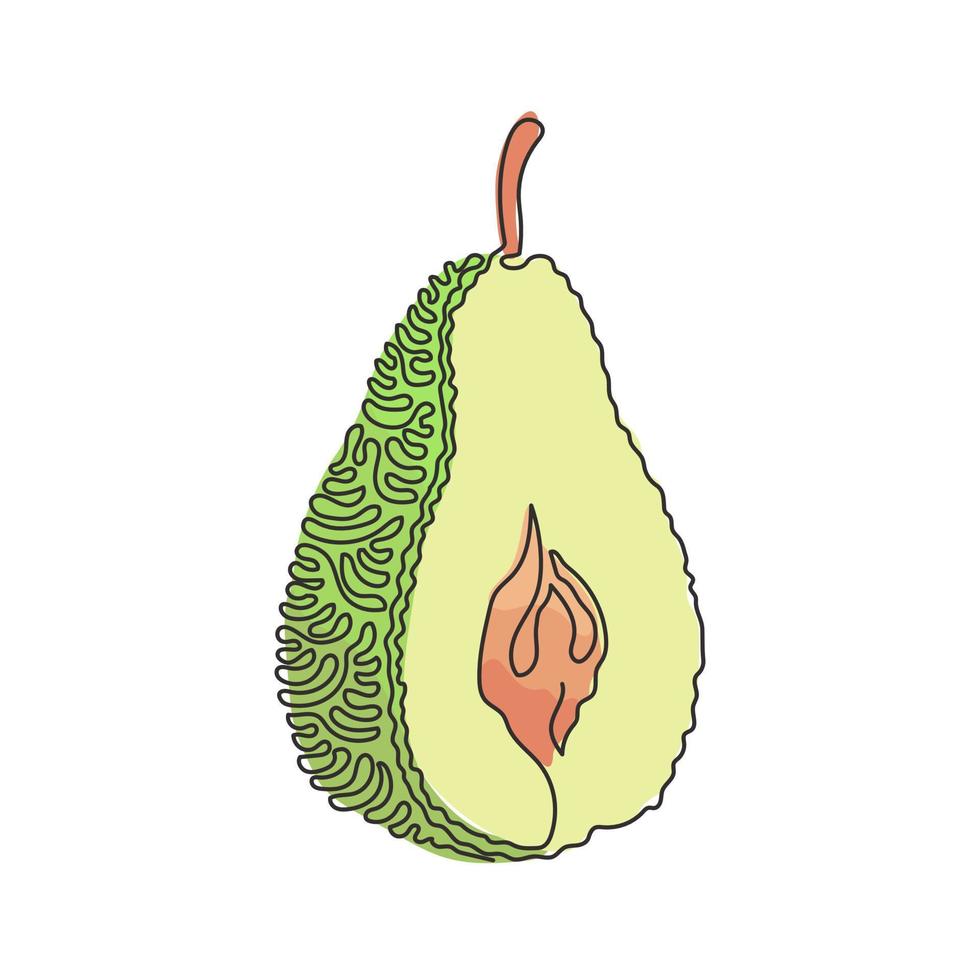 Continuous one line drawing sliced healthy organic pear for orchard logo identity. Fresh summer fruitage concept for fruit garden icon. Swirl curl style. Single line draw design vector illustration