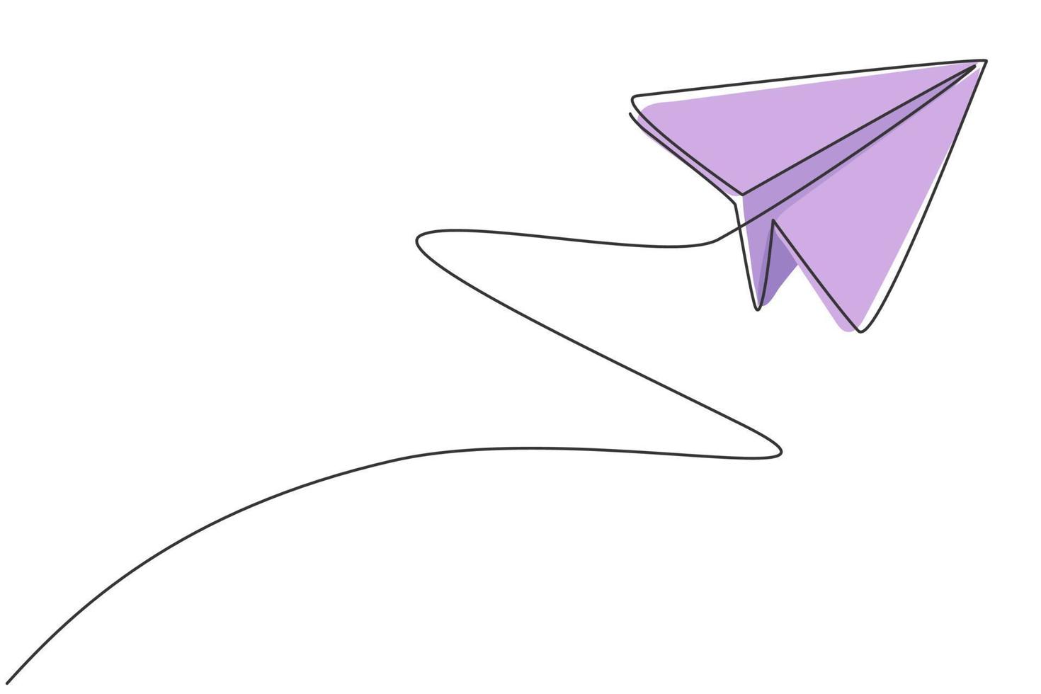 dibujo de línea continua única de un avión de papel volando en el cielo. regreso a la escuela estilo minimalista. concepto de juguete para niños. Ilustración de vector de diseño gráfico de dibujo de una línea moderna