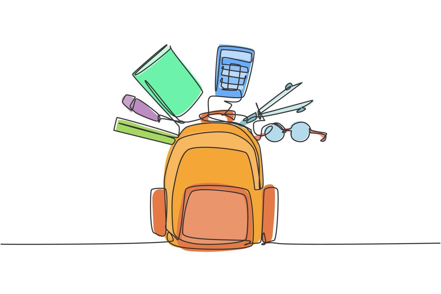 dibujo de una sola línea continua de mochila escolar con gafas, calculadora, libro, regla, bolígrafo. regreso a la escuela estilo minimalista. concepto de educación. Ilustración de vector de diseño gráfico de dibujo de una línea moderna