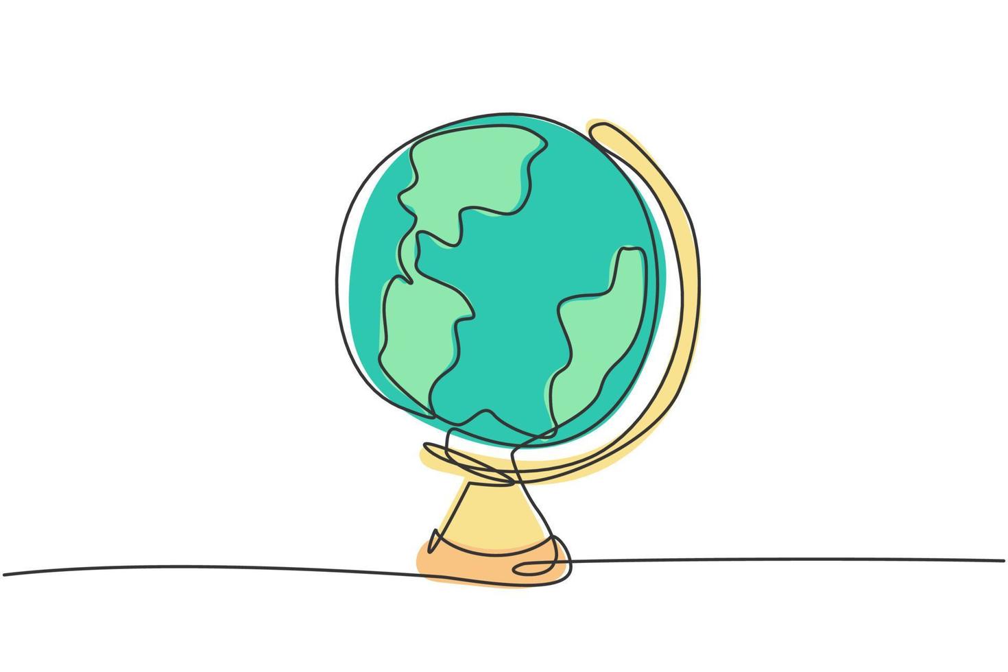 Continuous one line drawing round world globe map. Back to school hand drawn minimalism concept. Single line draw design for geography education vector graphic illustration
