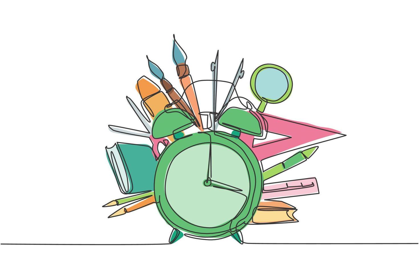 dibujo continuo de una línea de reloj despertador con libro, lupa, regla triangular, bolígrafo. regreso a la escuela concepto de minimalismo dibujado a mano. Diseño de dibujo de una sola línea para ilustración gráfica de vector de educación