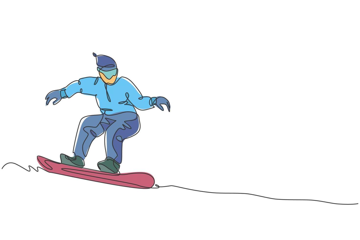 Single continuous line drawing of young sportive snowboarder man riding snowboard at mountain. Outdoor extreme sport. Winter season vacation concept. Trendy one line draw design vector illustration
