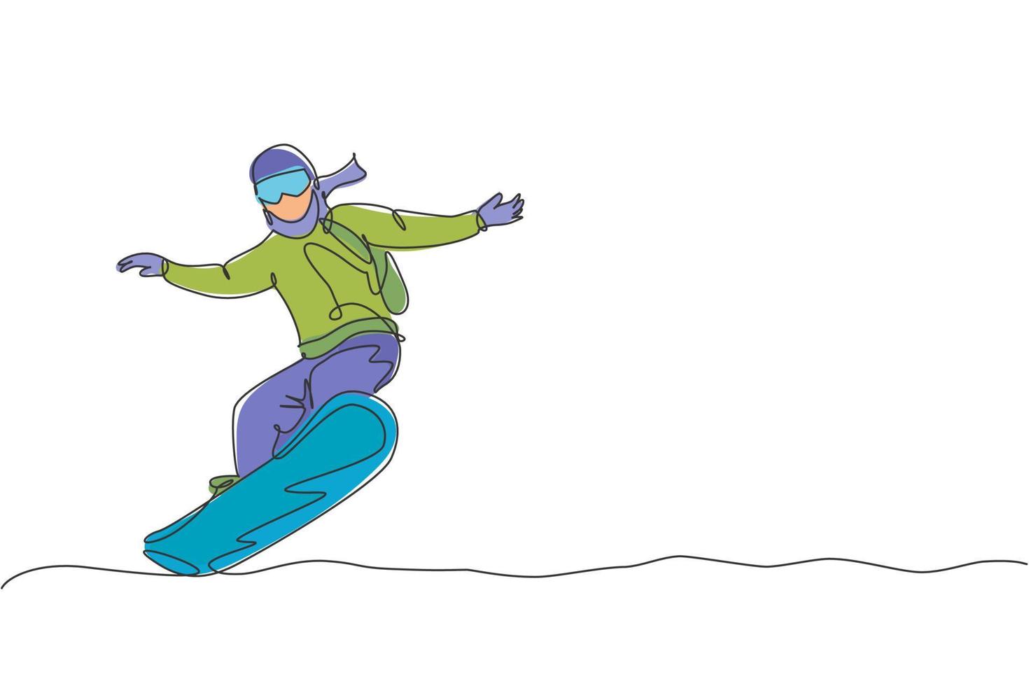 One continuous line drawing of young sporty man snowboarder riding snowboard in alps snowy powder mountain. Winter lifestyle sport concept. Dynamic single line draw graphic design vector illustration