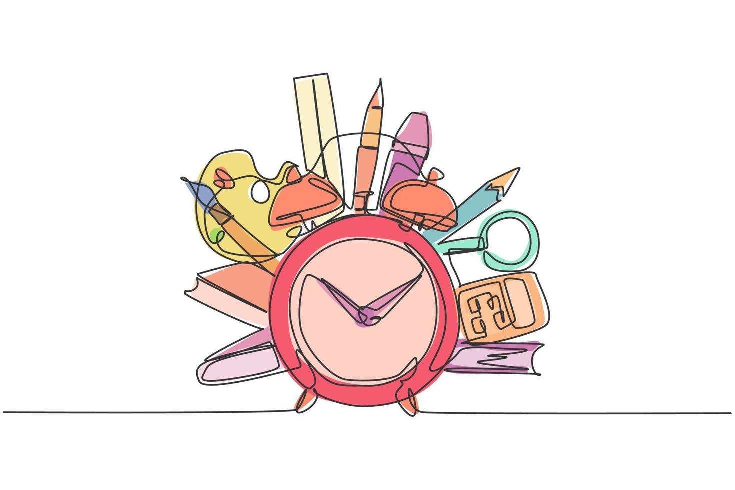 Single one line drawing of school tools set, alarm clock, book, pen, pencil, ruler. Back to school minimalist, education concept. Continuous simple line draw style design graphic vector illustration