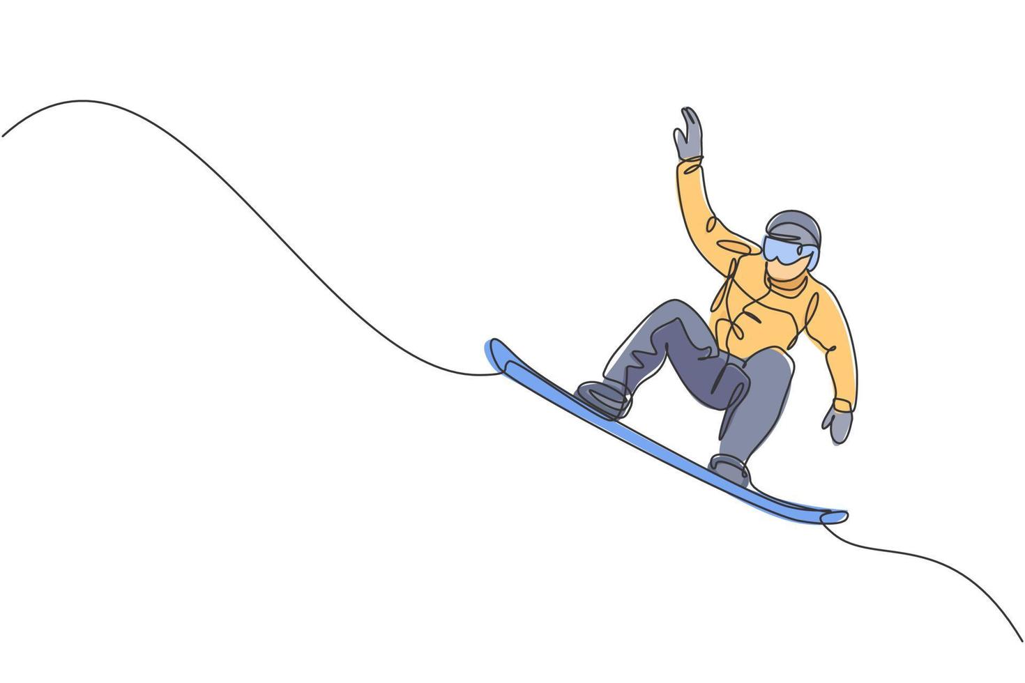 One continuous line drawing of young sporty man snowboarder riding snowboard and jumping alps snowy powder mountain. Winter lifestyle sport concept. Dynamic single line draw design vector illustration