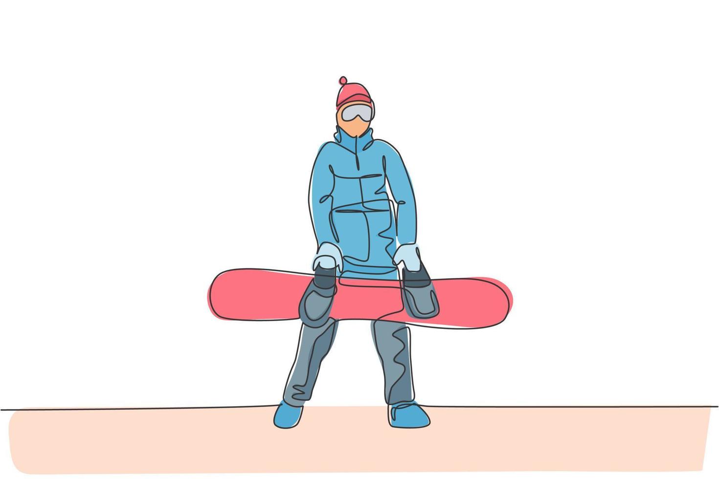 One continuous line drawing of young sporty man snowboarder holding snowboard board in alps snowy powder mountain. Winter lifestyle sport concept. Dynamic single line draw design vector illustration