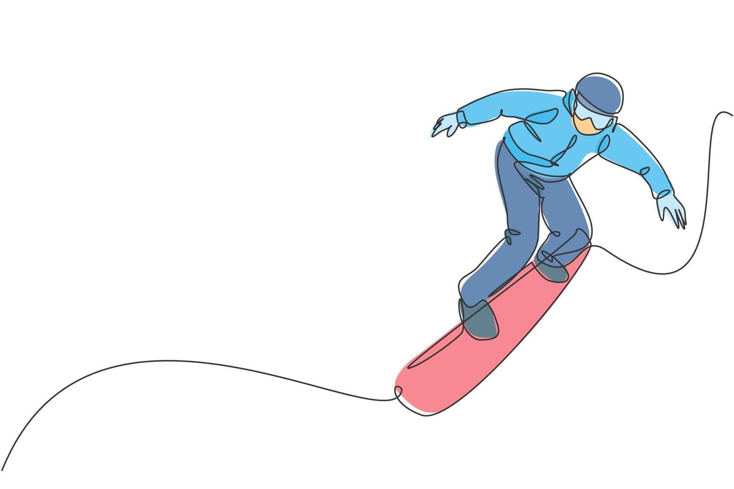 un dibujo de línea continua de un joven snowboarder deportivo montando snowboard y saltando en la montaña de nieve en polvo de los Alpes. concepto de deporte de estilo de vida de invierno. Ilustración de vector de diseño de dibujo de línea única dinámica