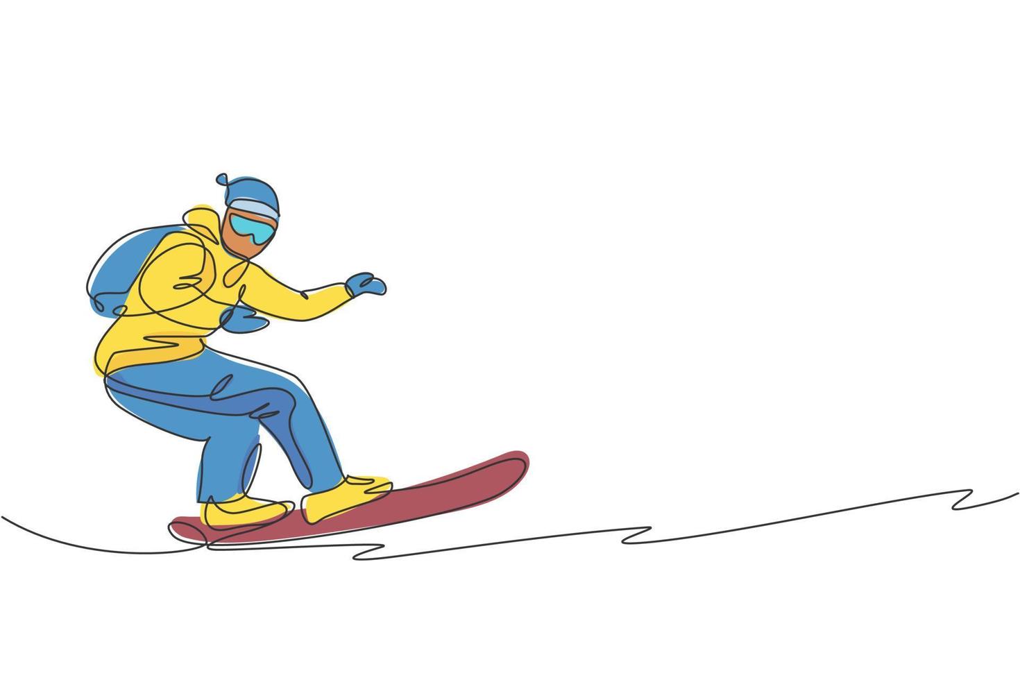 un dibujo de línea continua de un joven snowboarder deportivo montando snowboard en la montaña nevada de los Alpes. concepto de deporte de estilo de vida de invierno. Ilustración de vector gráfico de diseño de dibujo de línea única dinámica