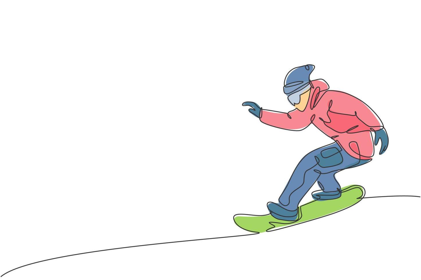 un dibujo de línea continua de un joven snowboarder deportivo montando snowboard en la montaña nevada de los Alpes. concepto de deporte de estilo de vida de invierno. Ilustración gráfica de vector de diseño de dibujo de línea única dinámica