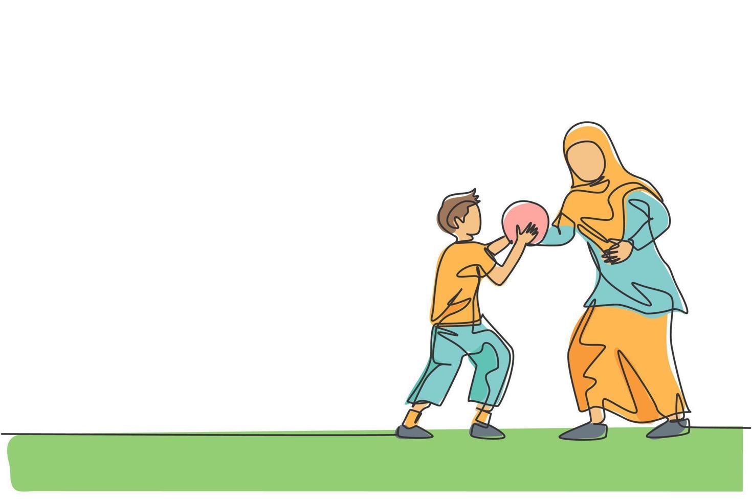Un solo dibujo de línea de una joven madre islámica jugando baloncesto con su hijo en la ilustración de vector de parque público. concepto de crianza de los hijos de la familia musulmana árabe. diseño moderno de dibujo de línea continua