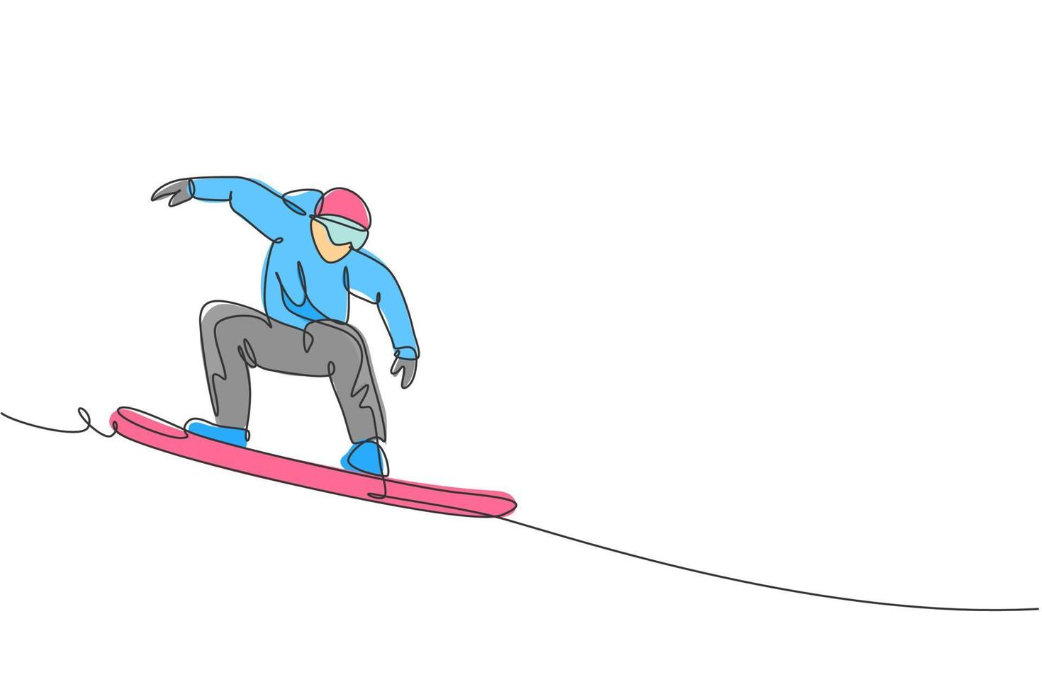 dibujo de línea continua única del joven snowboarder deportivo montando snowboard en la montaña. deporte extremo al aire libre. concepto de vacaciones de temporada de invierno. Ilustración de vector de diseño de dibujo de una línea de moda