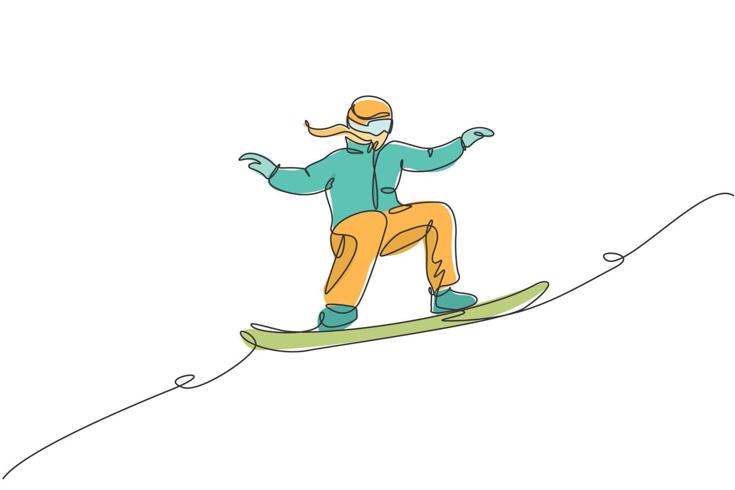 One single line drawing of young energetic snowboarder woman ride fast snowboard at snowy mountain vector illustration. Tourist vacation lifestyle sport concept. Modern continuous line draw design