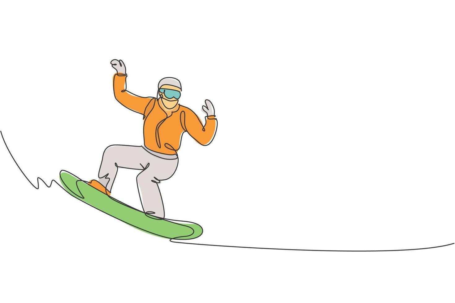 One continuous line drawing of young sporty man snowboarder riding snowboard in alps snowy powder mountain. Winter lifestyle sport concept. Dynamic single line draw graphic design vector illustration