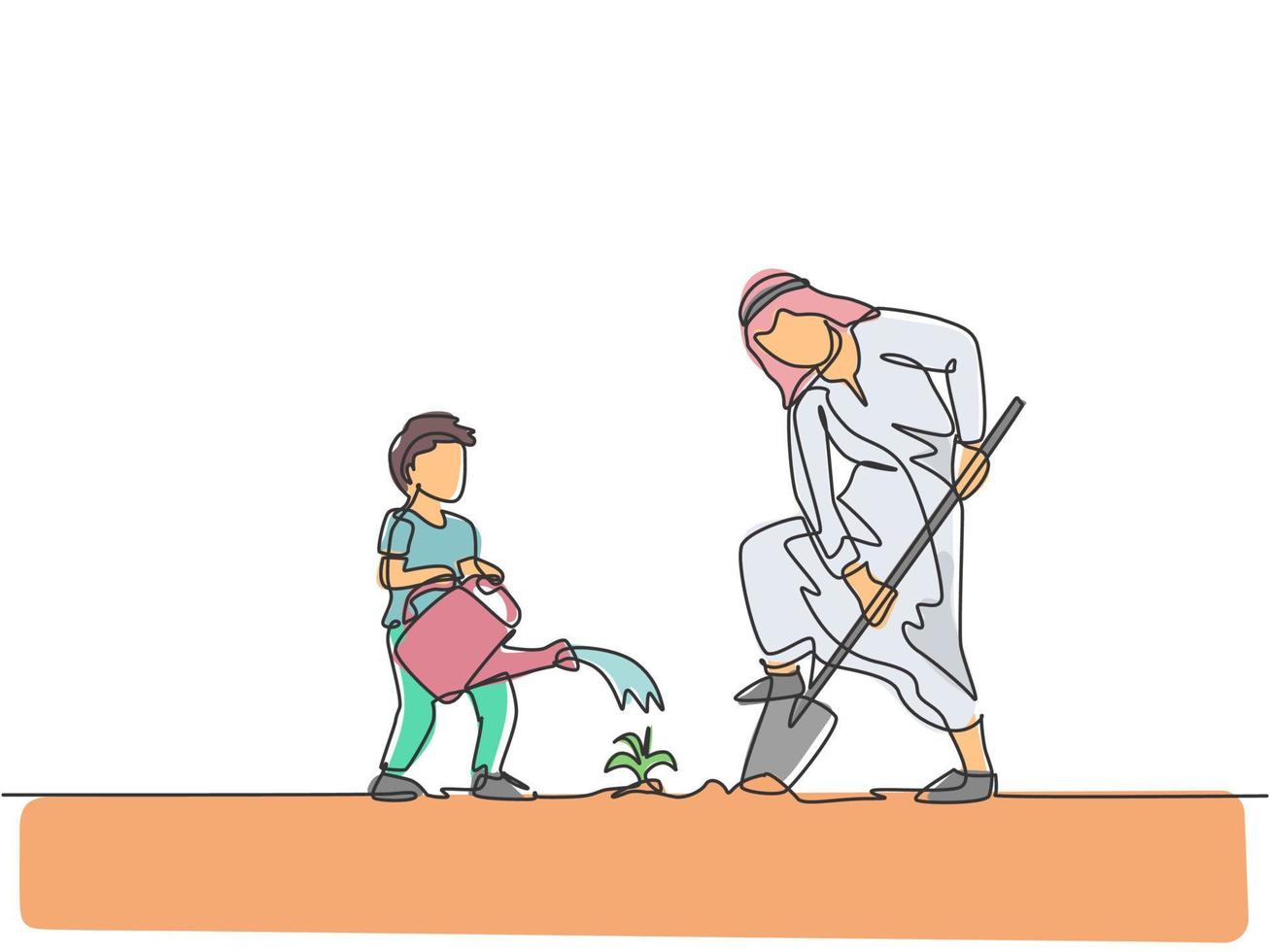 un dibujo de línea continua del joven islámico biy hep su padre regando una planta en el jardín de la casa. feliz concepto de familia de crianza de los hijos musulmanes árabes. Ilustración de vector de diseño de dibujo de línea única dinámica