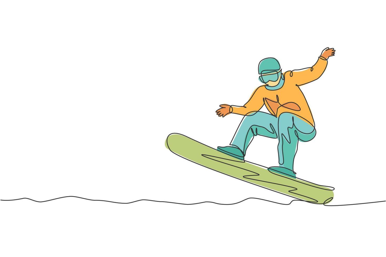 dibujo de línea continua única joven snowboarder deportivo montando snowboard rápido en la montaña. deporte extremo al aire libre. concepto de vacaciones de invierno. Ilustración de vector gráfico de diseño de dibujo de una línea de moda