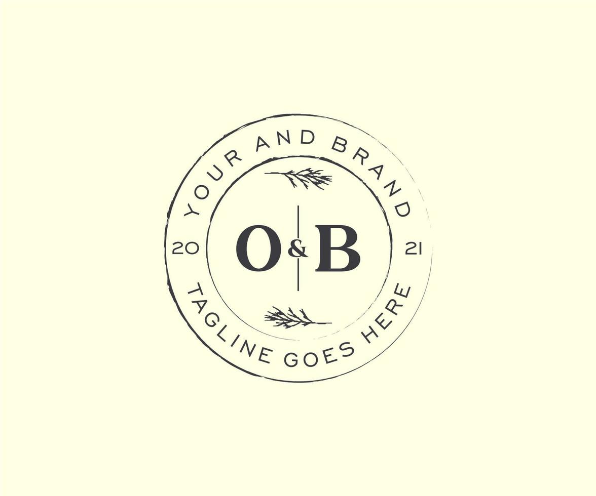 initial OB letters floral frames. Botanical feminine editable premade monoline unique decoration for greeting card, wedding invitation. vector