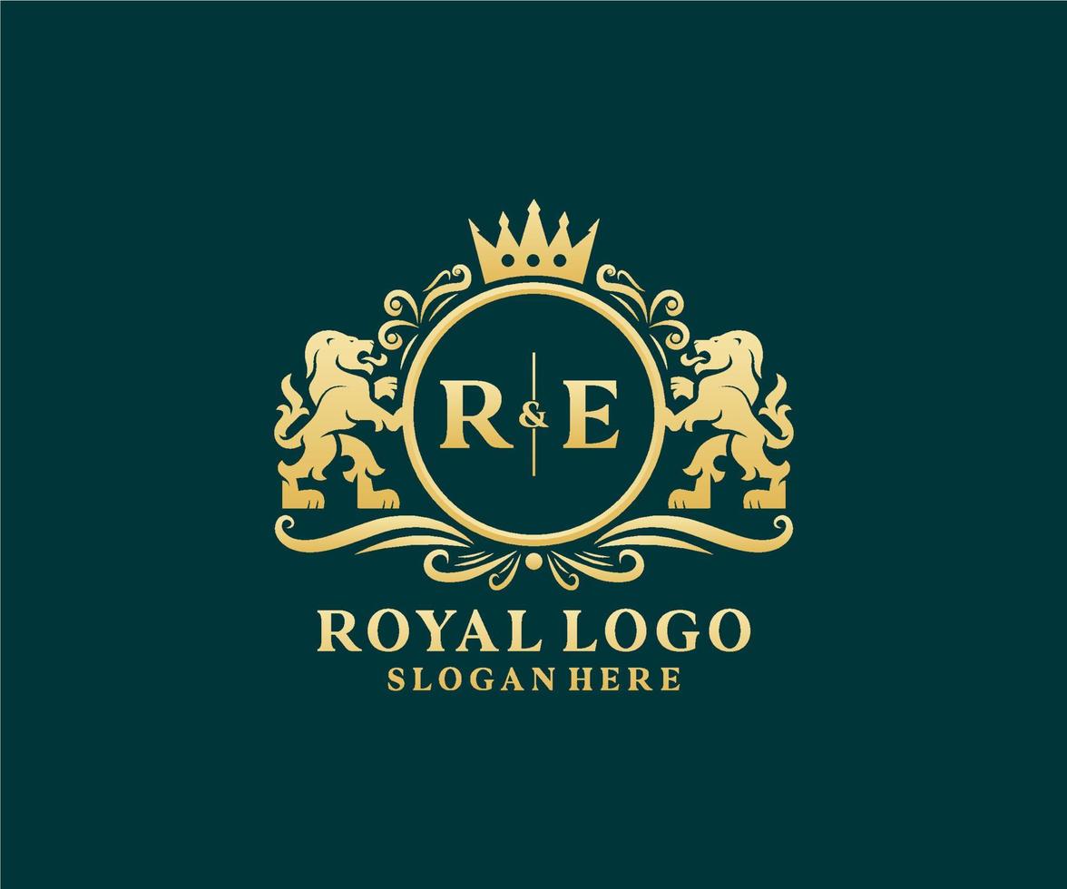 Initial RE Letter Lion Royal Luxury Logo template in vector art for Restaurant, Royalty, Boutique, Cafe, Hotel, Heraldic, Jewelry, Fashion and other vector illustration.