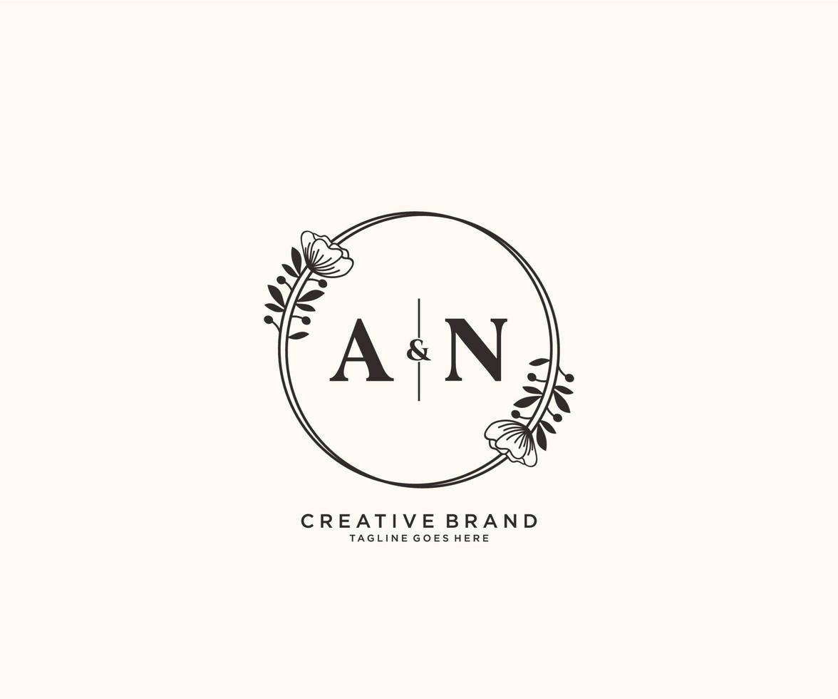 initial AN letters hand drawn feminine and floral botanical logo suitable for spa salon skin hair beauty boutique and cosmetic company. vector