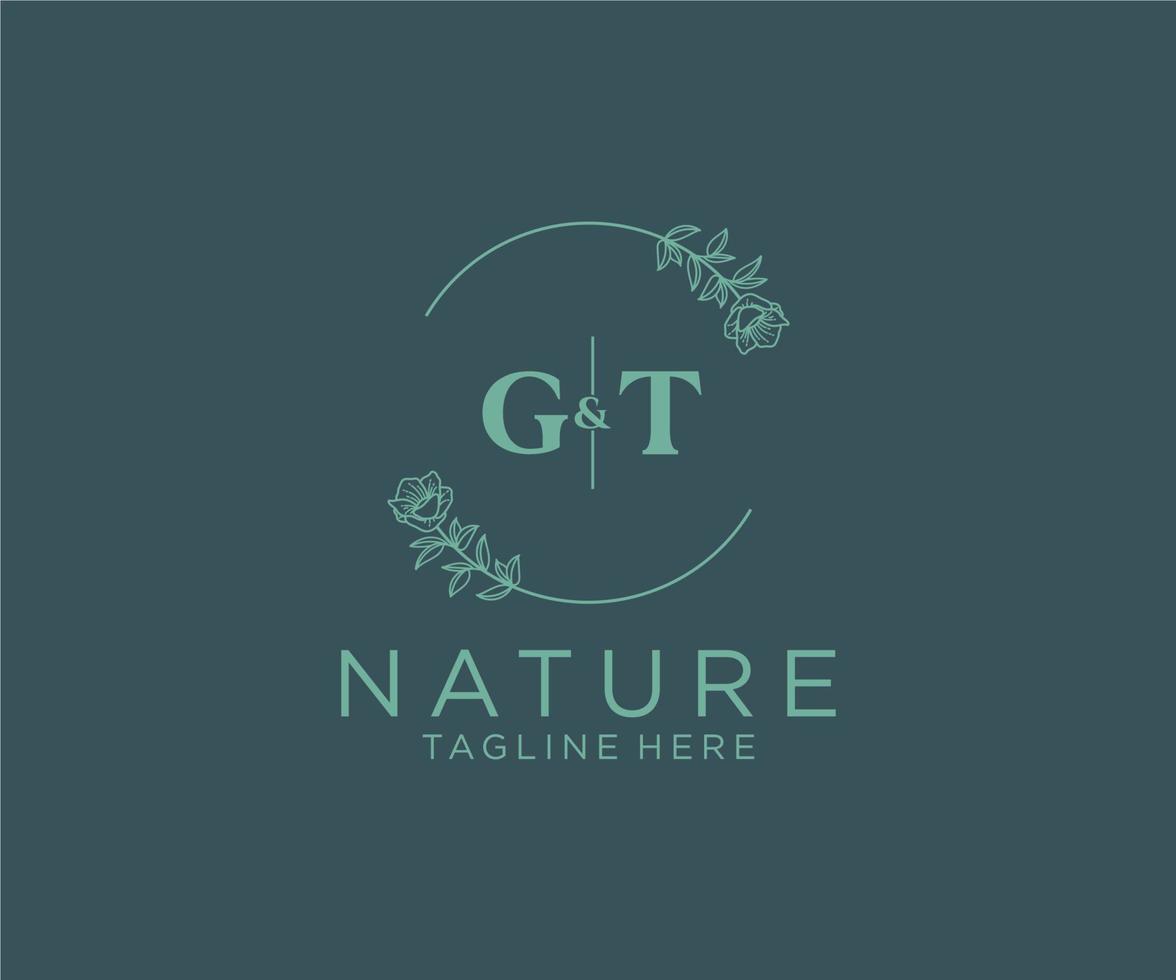 initial GT letters Botanical feminine logo template floral, editable premade monoline logo suitable, Luxury feminine wedding branding, corporate. vector