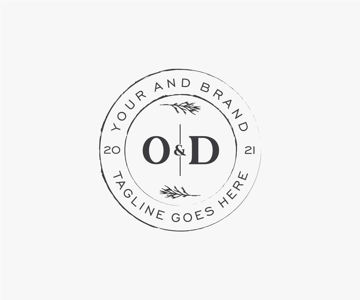 initial OD letters floral frames. Botanical feminine editable premade monoline unique decoration for greeting card, wedding invitation. vector