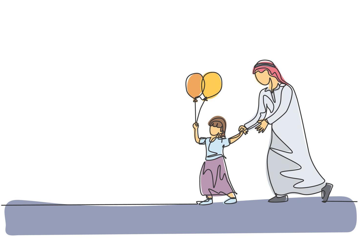 un solo dibujo de línea del joven padre islámico que sostiene la mano de su hija que sostiene el globo en la ilustración del vector del parque. feliz concepto de crianza de los hijos de la familia musulmana árabe. diseño moderno de dibujo de línea continua