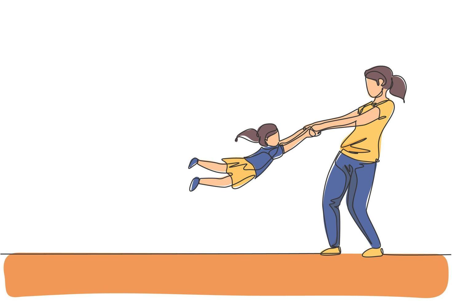 un dibujo de una sola línea de la joven madre feliz levantando y girando a su hija en el aire en la ilustración gráfica de vector de casa. concepto de paternidad familiar. diseño moderno de dibujo de línea continua