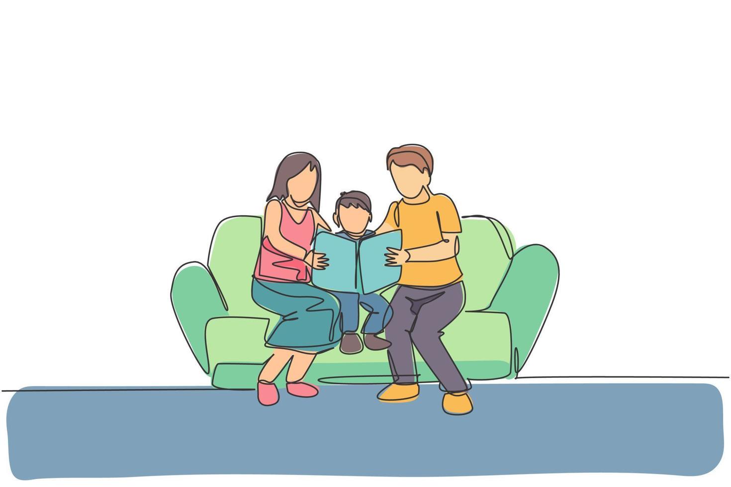 dibujo de una sola línea continua joven mamá y papá sentados en el sofá y leyendo un libro de cuentos a su hijo en casa. concepto de crianza de los hijos de familia feliz. Ilustración gráfica de vector de diseño de dibujo de una línea de moda