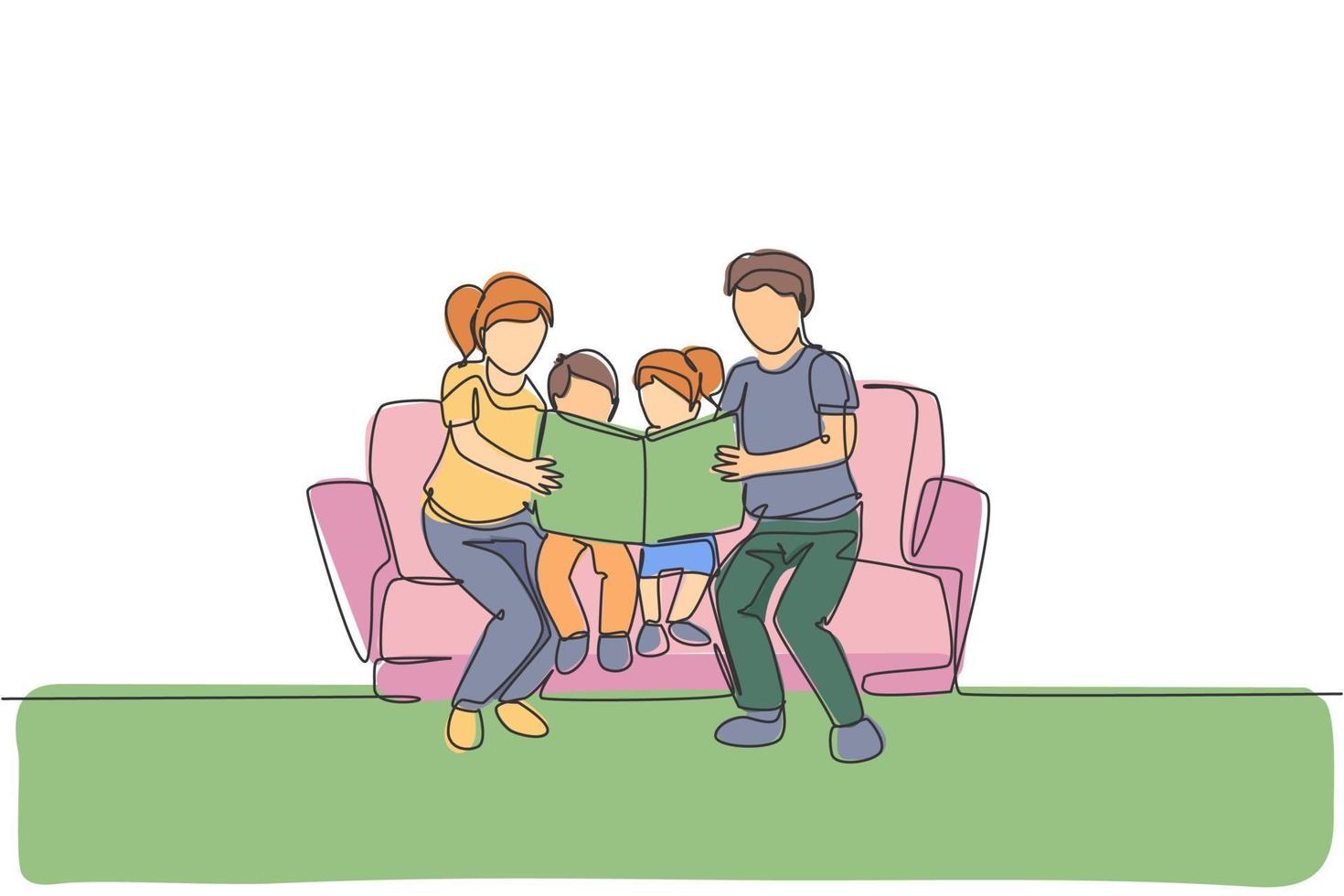 un dibujo de una sola línea de un joven padre feliz y una madre sentados en el sofá para leer un libro de cuentos a sus hijos juntos ilustración vectorial. concepto de educación para padres. diseño moderno de dibujo de línea continua vector