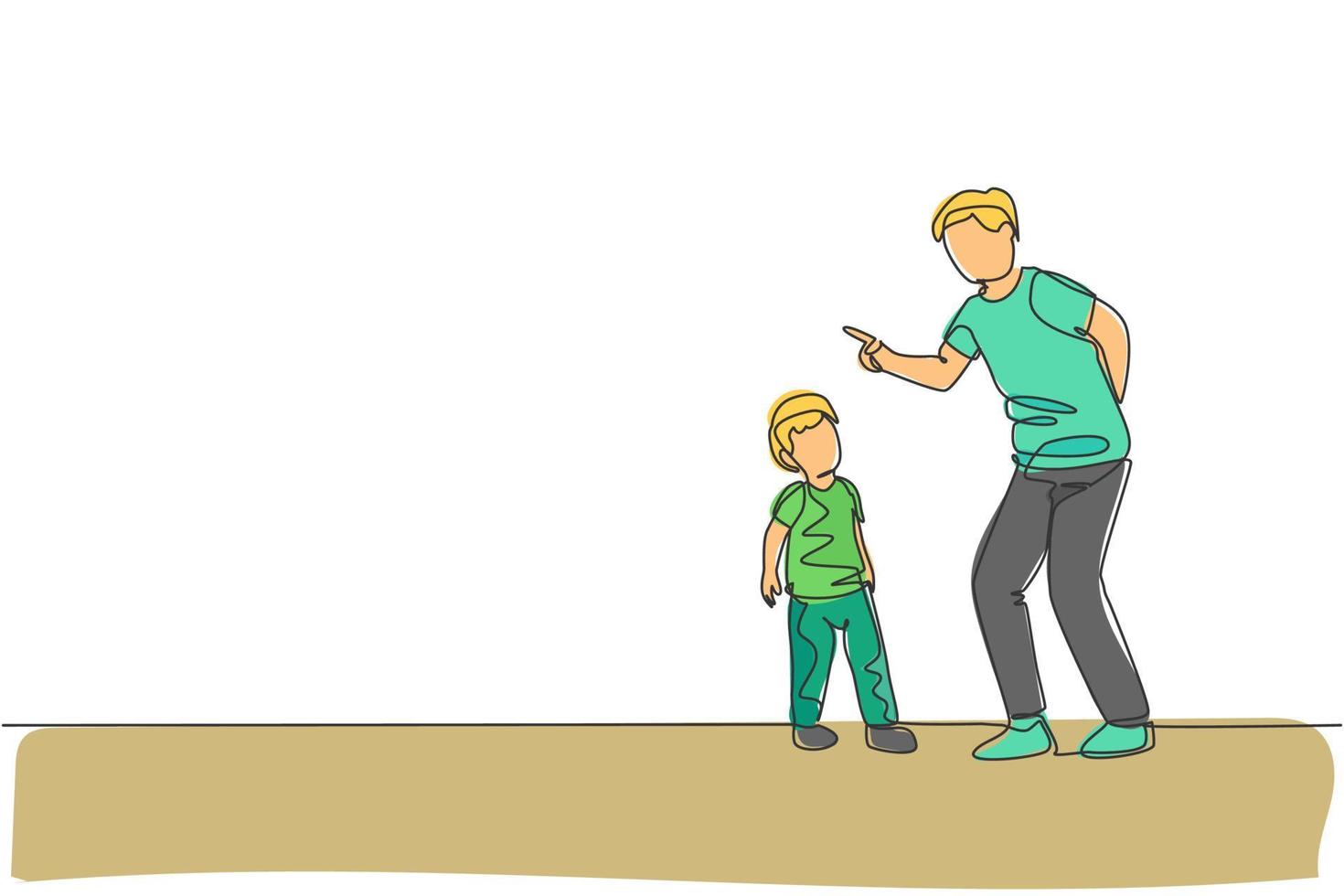 One continuous line drawing of young father giving talk some good advice to his son at home. Communication concept. Happy family parenthood. Dynamic single line draw graphic design vector illustration