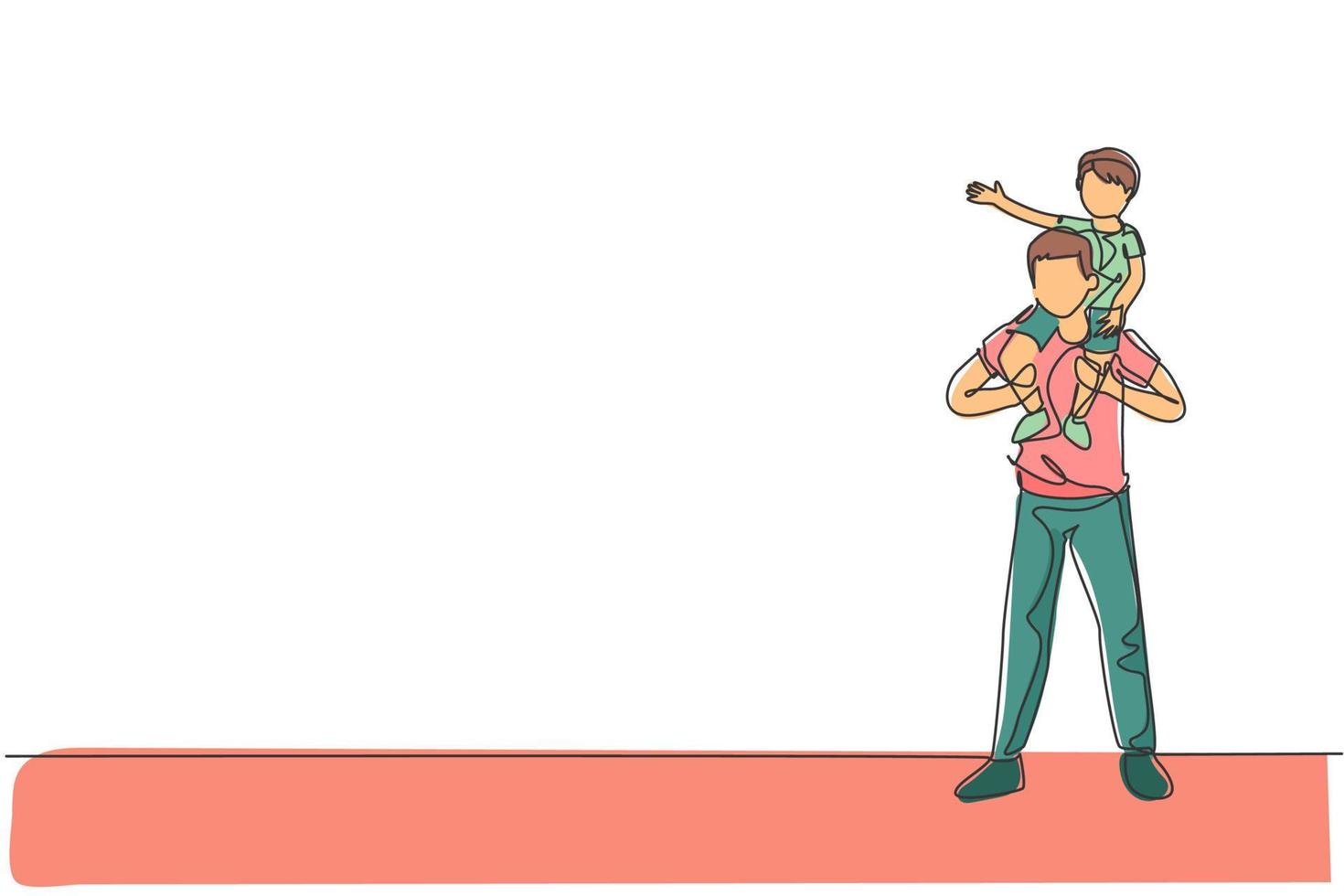 One continuous line drawing of young dad playing and carrying his cheerful son on his shoulder at home. Happy family parenthood concept. Dynamic single line draw design graphic vector illustration