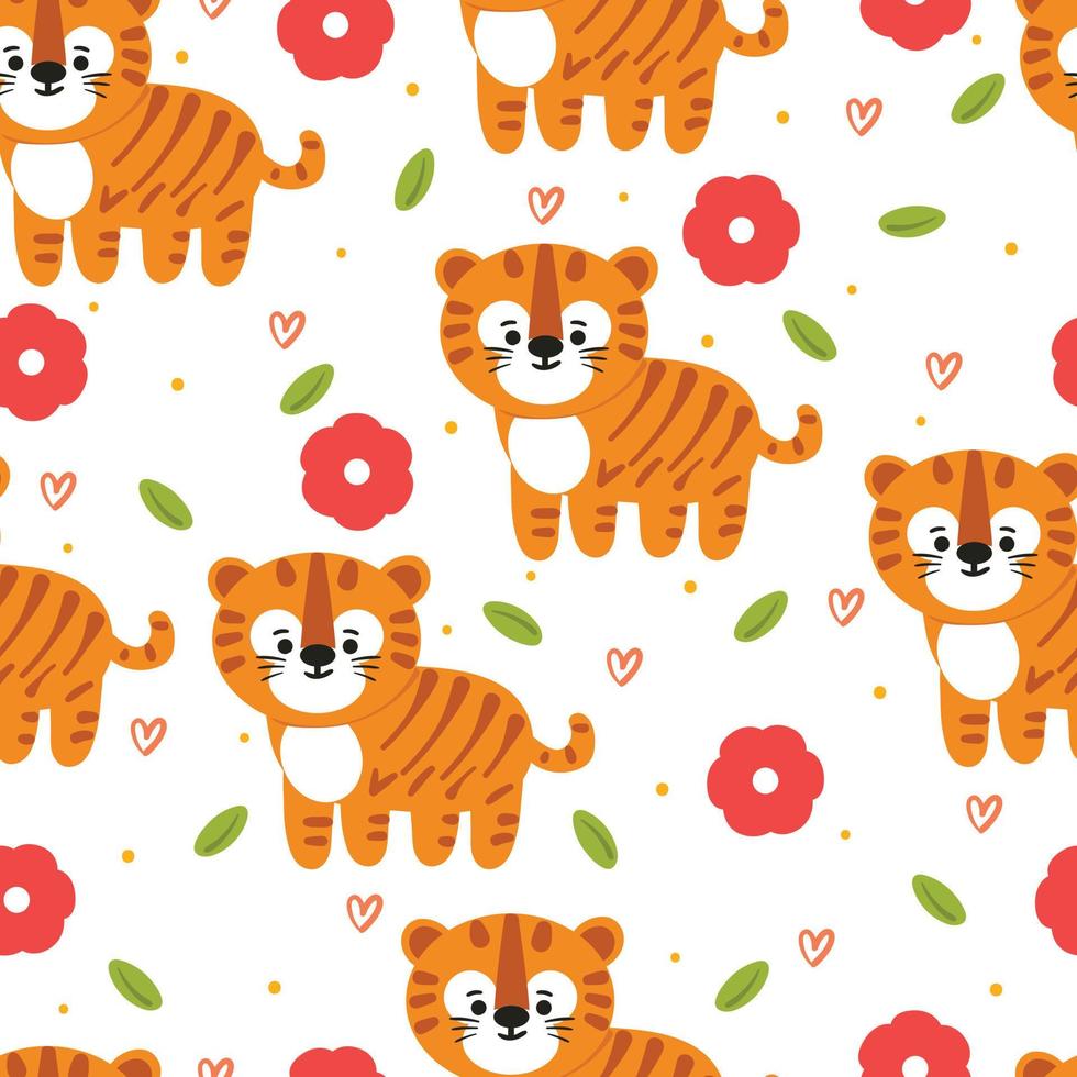 seamless pattern cartoon tiger and flower. cute animal wallpaper for textile, gift wrap paper vector