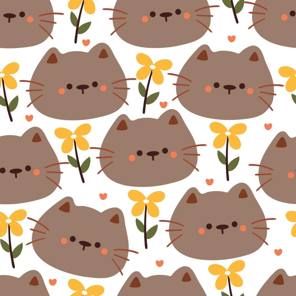 flor y gato de dibujos animados de patrones sin fisuras. lindo papel tapiz animal para textiles, papel de regalo vector