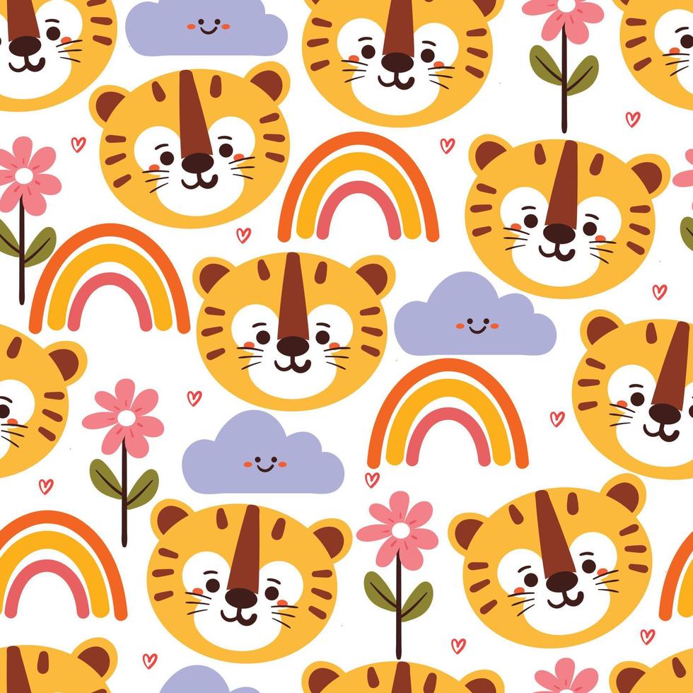 seamless pattern cartoon tiger with flower, rainbow and clouds. cute animal wallpaper for textile, gift wrap paper vector