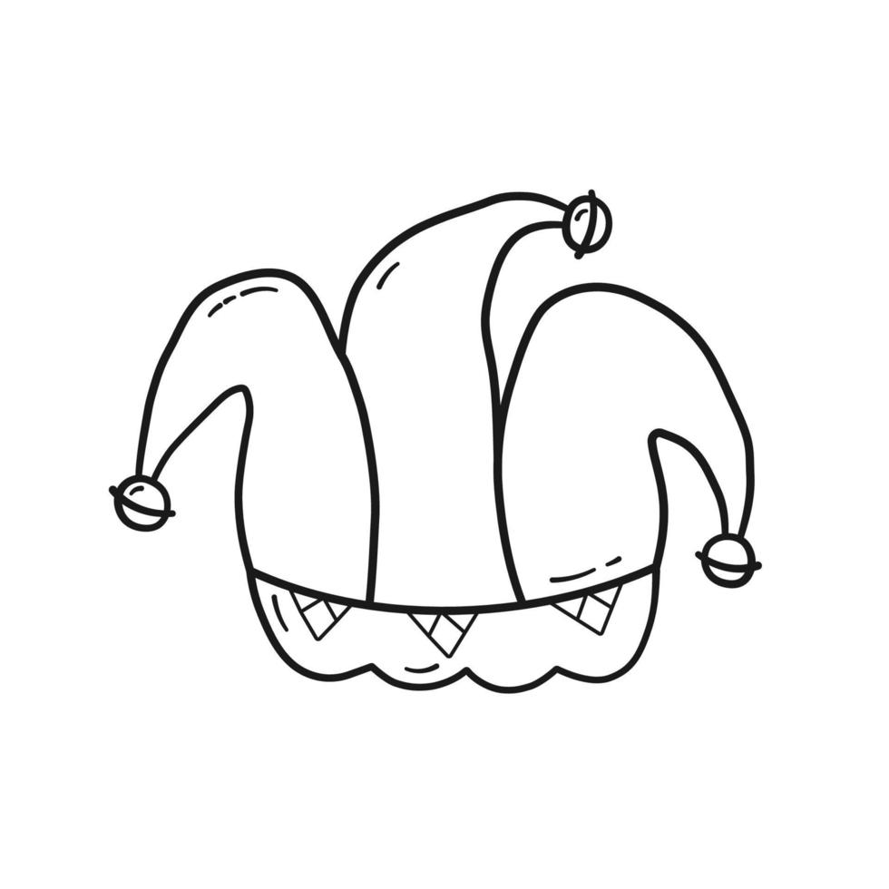 Jester hat with bells. Carnival head wear in linear doodle style isolated on white background. Vector illustration