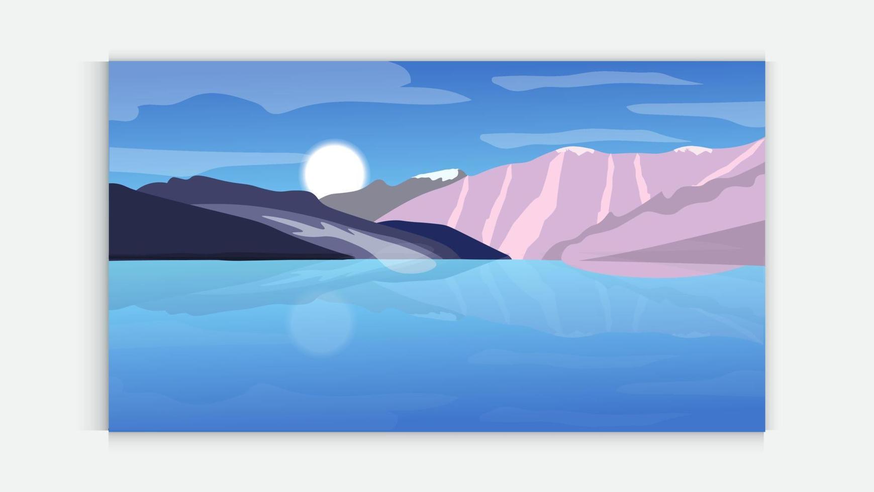 Mountain ,sky reflecting on a lake water  beautiful landscape background , vector design illustration . Landscape, Illustrated with Hills or Mountains, Lake Water, Blue Background. Nature