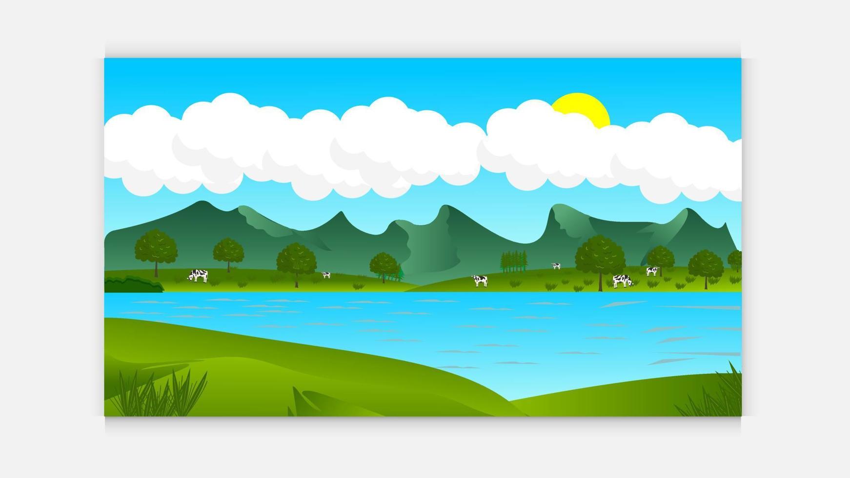 Green landscape with meadows, mountains and cow . lake and forest, nature landscape, vector background. vector illustration in flat design.