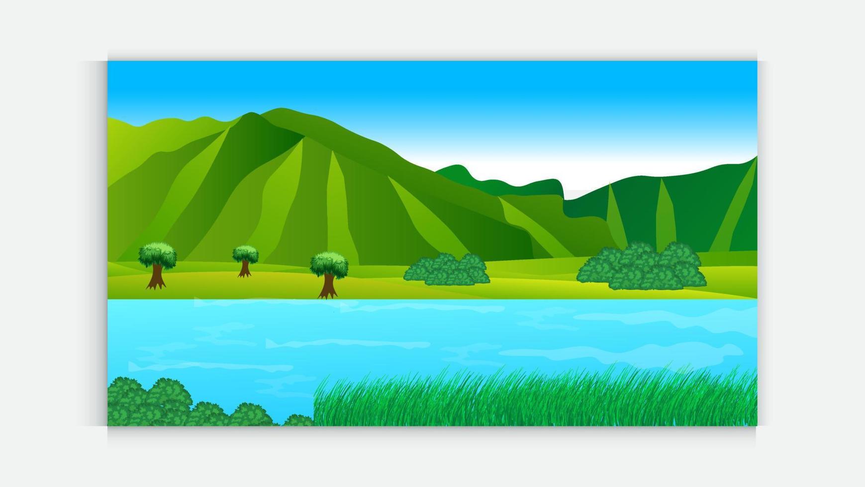 Nature scene with trees , blue sky ,hill, river. A beautiful lake landscape. Flat vector countryside cartoon style illustration of nature landscape with trees and mountain above river.