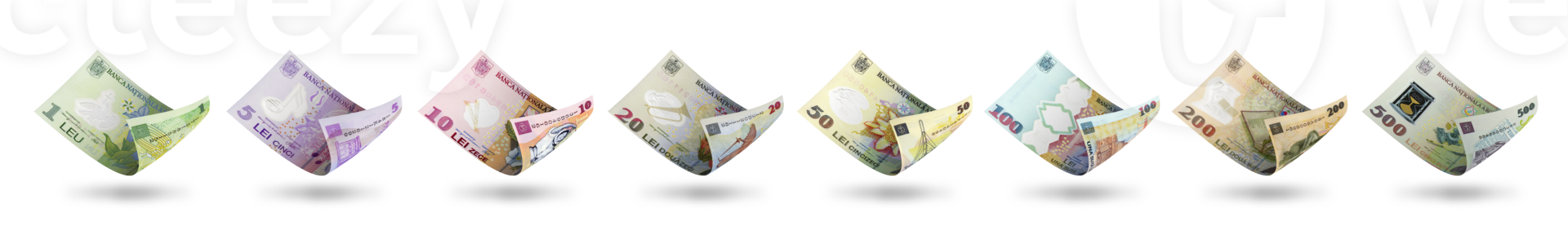 Set of Romanian leu notes in different denominations. 3d illustration png