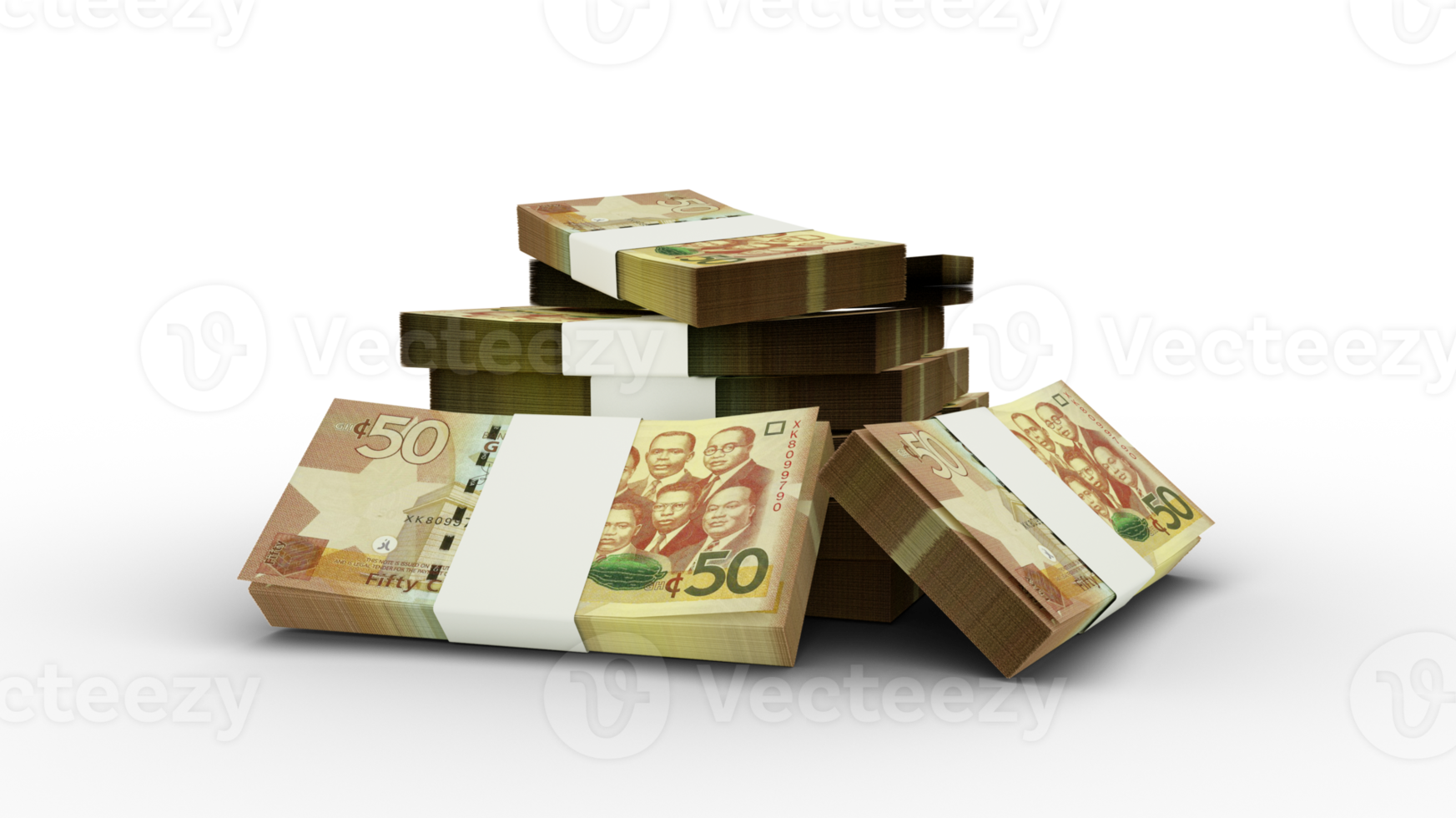 3d rendering of Stack of Ghanaian cedi notes. bundles of Ghanaian currency notes png