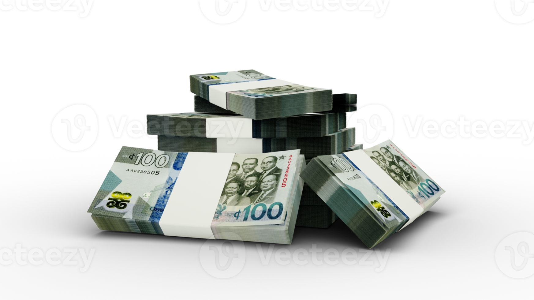 3d rendering of Stack of Ghanaian cedi notes. bundles of Ghanaian currency notes png