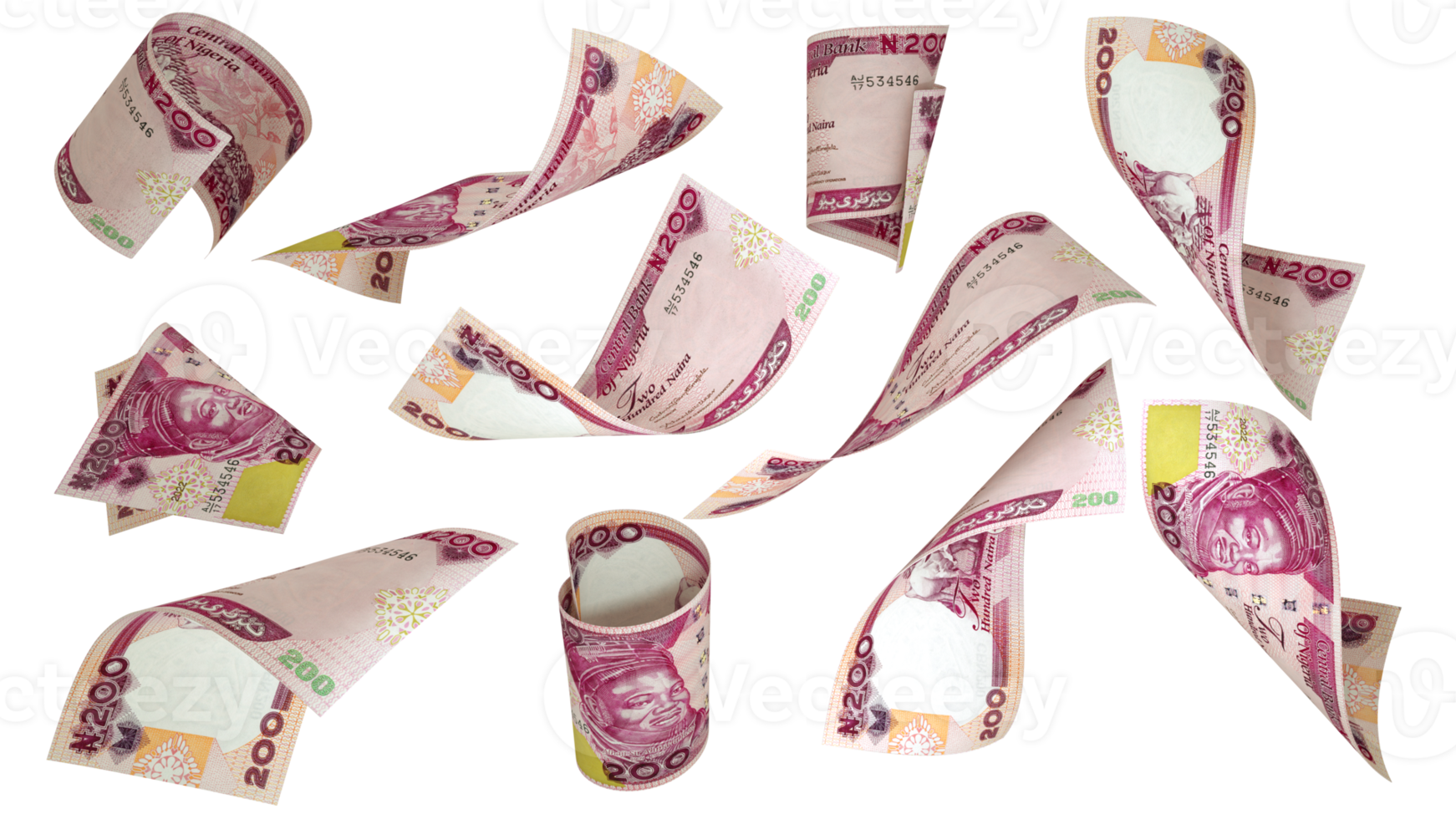 3D rendering of 200 Nigerian naira notes flying in different angles and orientations png
