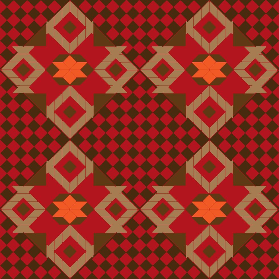 Seamless fabric geometric pattern in brown on a red background. vector